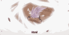 a girl with purple hair is laying on the ground with the words " gather more wind " below her
