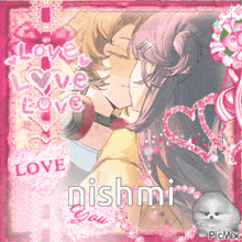 a picture of a man and a woman kissing with the name nishmi written on the bottom