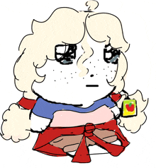 a cartoon drawing of a girl holding a small apple .