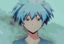 a close up of a person with blue hair and blue eyes