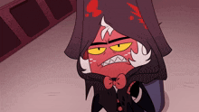 a cartoon character with a hood and a bow tie has blood on his face