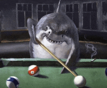 a painting of a shark playing pool with a cue and ball with the number 11 on it
