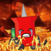 a cartoon character is crying in the middle of a fire pit .