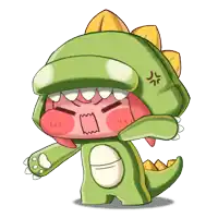 a cartoon character in a green dinosaur costume has an angry face