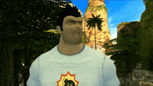 a man wearing a t-shirt with a bomb logo on it