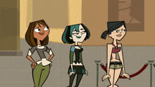 three cartoon characters are standing next to each other in front of a red carpet