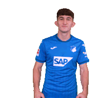 a man wearing a blue shirt with the word sap on the front