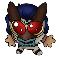 a drawing of a cat with red eyes and a blue hair