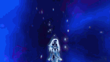 a glowing jellyfish is floating in the air in a dark blue background .