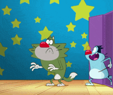 two cartoon characters are standing next to each other in front of a blue wall with stars on it