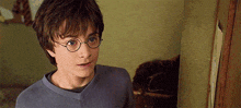 harry potter is wearing glasses and a blue sweater while standing in a room .