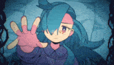 a cartoon of a girl with blue hair reaching out towards the camera
