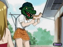 a cartoon of a girl with a crocodile head holding a cat with 3look in the corner