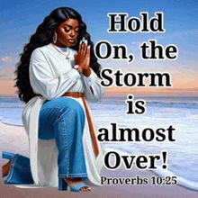 a woman is kneeling on the beach with a quote from proverbs