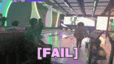 a man sits in a chair at a bowling alley with the words fail written in pink