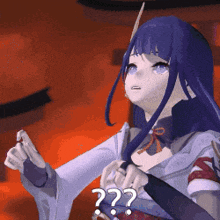 a girl with purple hair and blue eyes is holding a knife and has a question mark above her head .