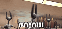a group of robots are standing in a room with the words yayyyy !!! written on the bottom