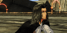 a man with long hair and a beard is standing in a video game