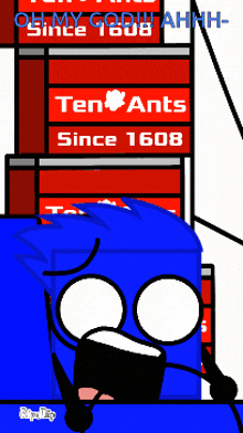 a blue cartoon character is standing in front of a red sign that says ten ants since 1608