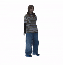 a person wearing a striped shirt and jeans is jumping in the air