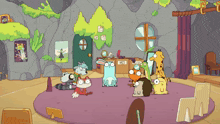 a group of cartoon animals are gathered in a room with a sign that says this on it