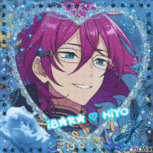 a picture of a person with purple hair and the name hiyo