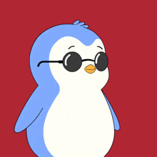 a blue and white penguin wearing sunglasses and a red background