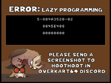 a screenshot of error lazy programming asking for a screenshot to hoothoot in overkart64 discord