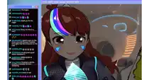 a computer screen shows a cartoon girl with a blue and pink stripe on her hair