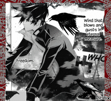 a picture of a man with a crow and the words wind that blows and gusts in eternal measure on the bottom