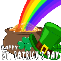 a pot of gold with a rainbow coming out of it and the words happy st. patrick 's day below it