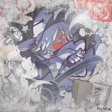 a drawing of a person with rabbits and roses and the word picmix on the bottom
