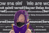 a girl with purple hair is sleeping in front of a banner that says we are working