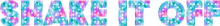 the word shake it off is written in colorful letters on a white background