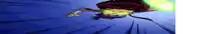 a cartoon character is flying through the air with a green light coming out of his eyes .