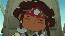 a cartoon character with a flower on her head making a face