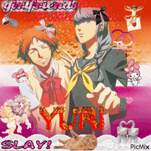 a picture of two anime characters with the words girlfriends yuri