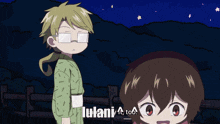 a couple of anime characters standing next to each other with the words " lulani " on the bottom right