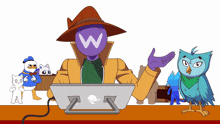 a cartoon of a man with a hat and a purple head with the letter w on it