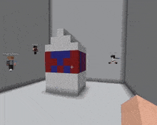 a screenshot of a minecraft game with a blue and red item with a cross on it