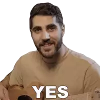 a man with a beard is holding a guitar and smiling with the word yes above his head