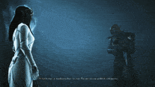 a screenshot of a video game shows a woman and a knight
