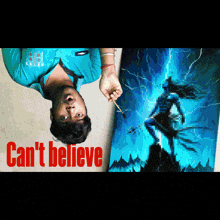 a man is holding a brush in front of a painting that says " can 't believe " on the bottom