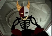 a drawing of a skeleton with horns and a red and white face