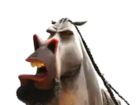 a cartoon horse with a beard and braids looks at the camera