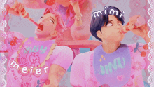 a girl in a pink shirt that says mimi on it drinks from a bottle