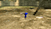 a blue cartoon character is standing in a field