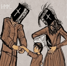 a cartoon of a man and woman with a cross on their heads