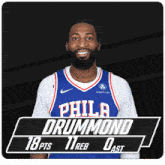 a philadelphia basketball player named drummond has 18 pts 11 reb and 0 ast