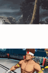 a man with glasses and a headband with a red circle on it is standing in a boxing ring